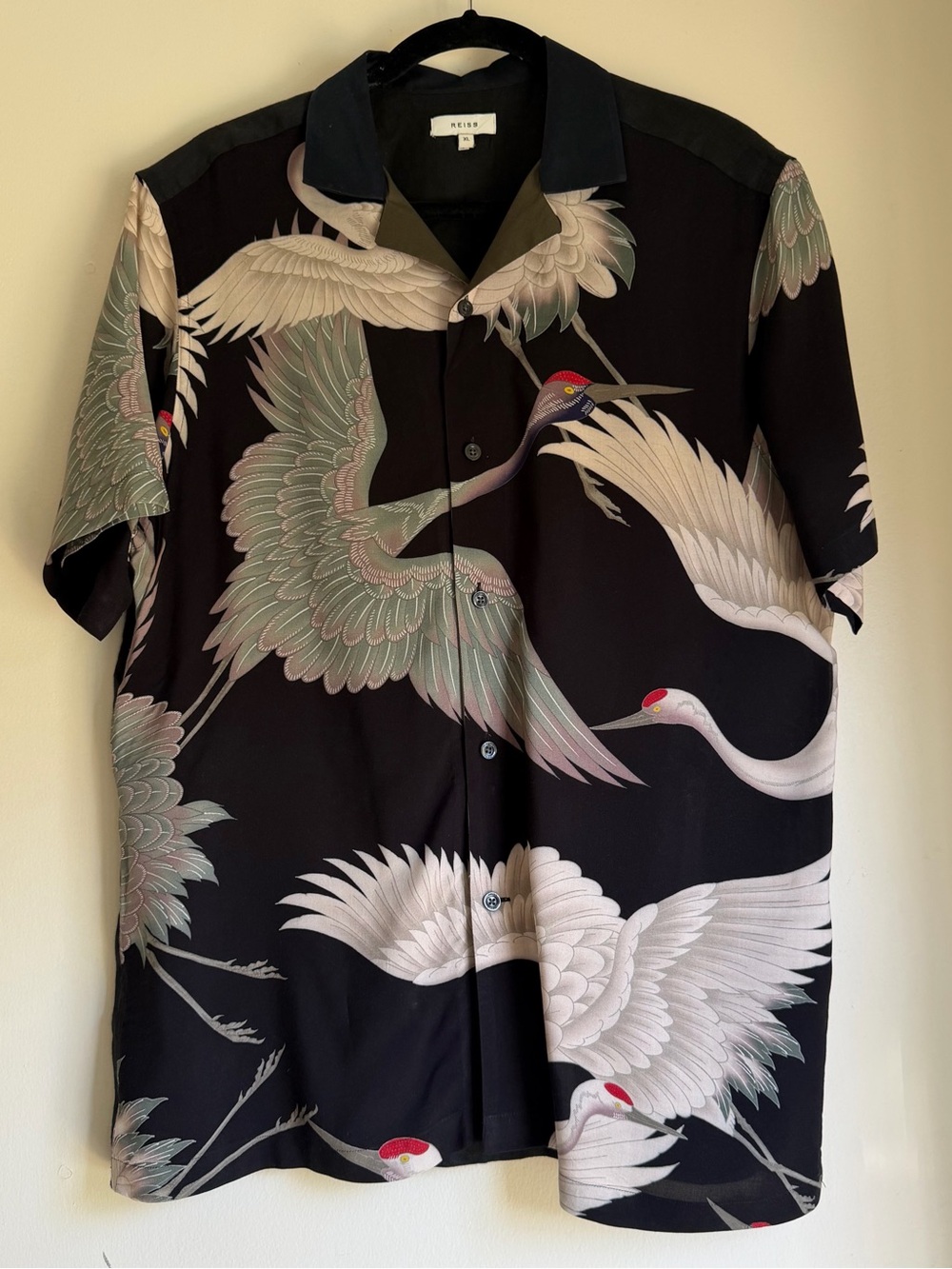 Reiss Black Crane-Print Short-Sleeve Camp Shirt